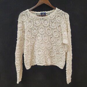 Vintage OBR Womens Open Knit Boho‎ Crochet Sweater Size M Ivory Cottagecore Y2K